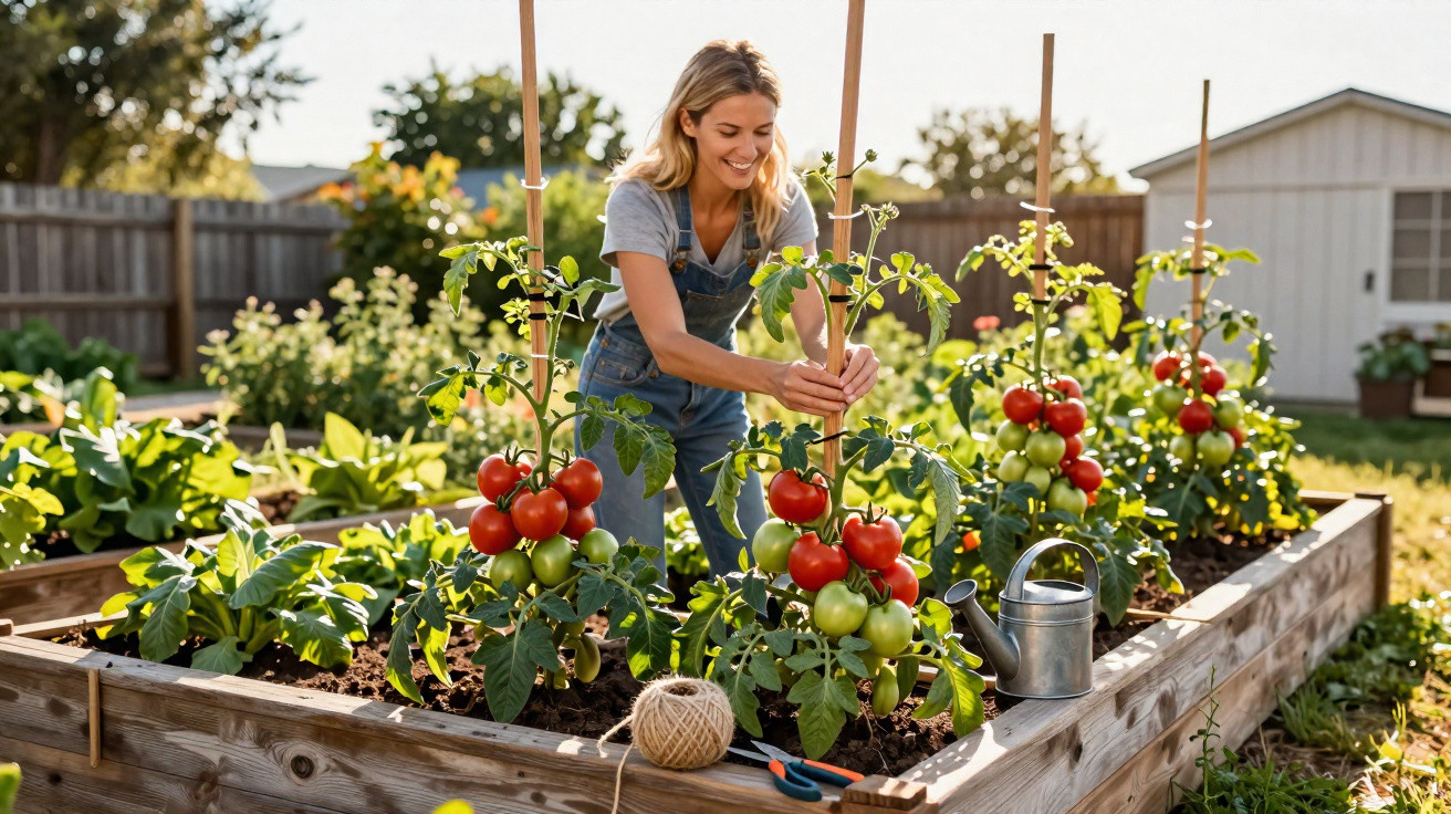Woman in overalls tending to ripe red and green tomatoes in a raised garden bed on a sunny day.