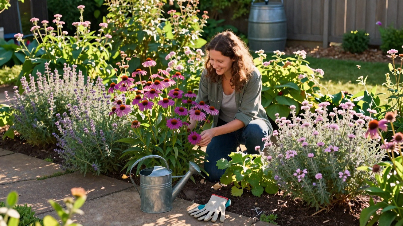 Woman kneeling and tending to purple coneflowers in a sunlit garden with a watering can and gloves nearby.