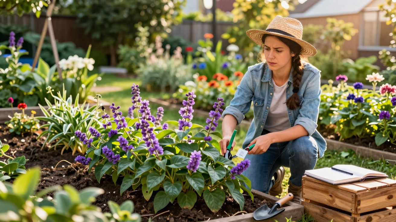 Woman in a straw hat gardening and labelling purple flowers in a sunlit raised bed with garden tools nearby.
