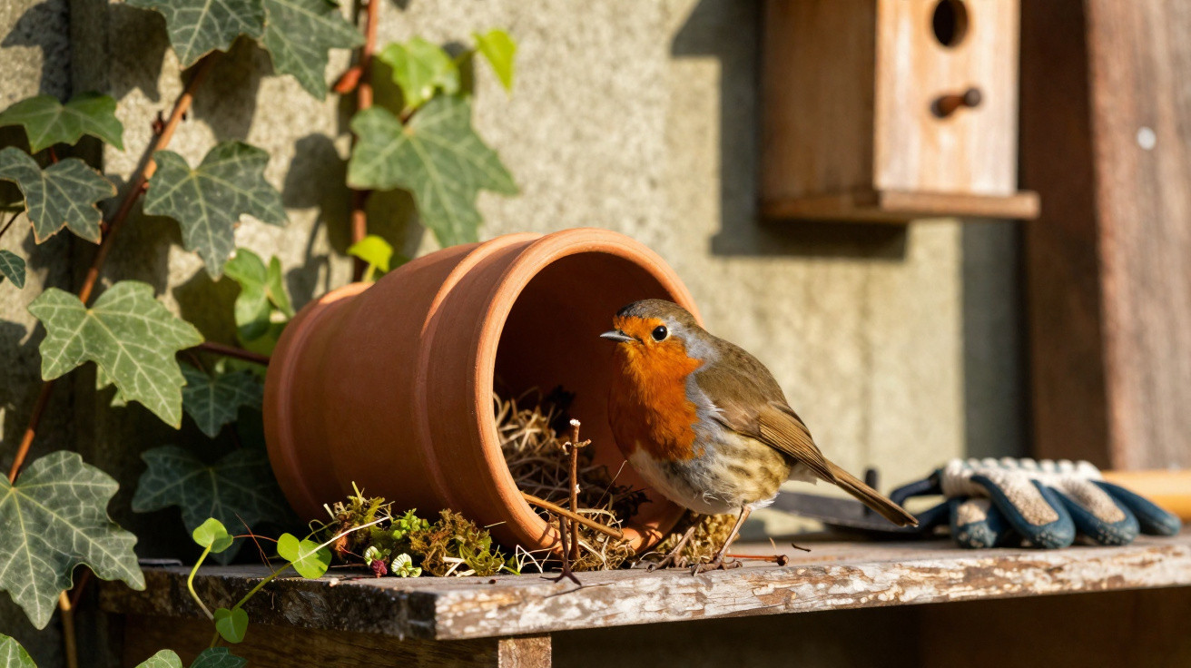 European robin perched on a wooden shelf next to an overturned terracotta pot and gardening gloves.
