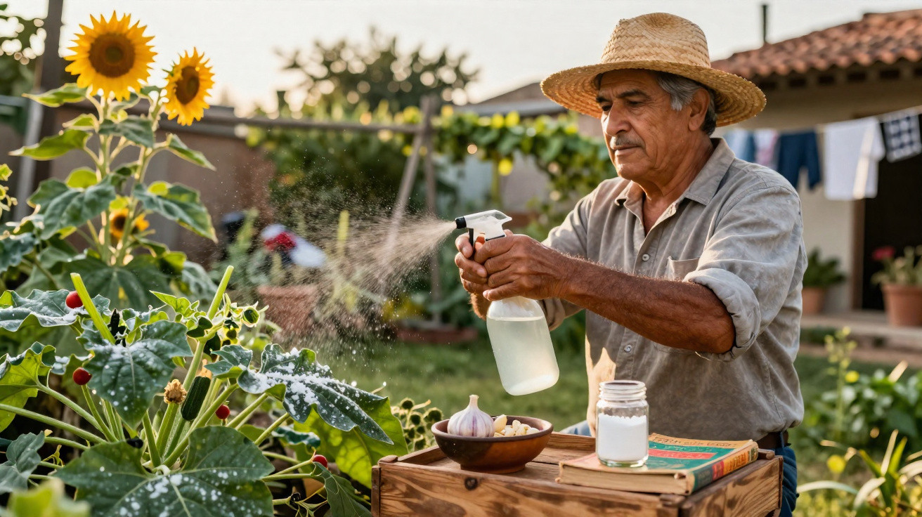 Older man in straw hat spraying plants in garden with sunflowers and gardening supplies on wooden crate.