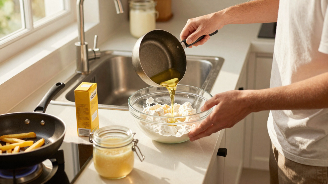 Person pouring melted butter from a pan into a bowl of cottage cheese in a bright kitchen.