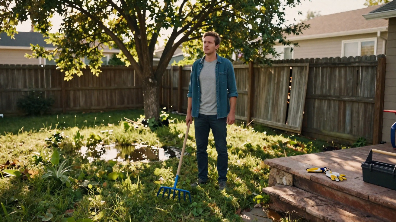 Man standing in overgrown garden holding a rake near a small pond and wooden fence in sunlight.