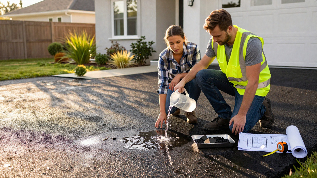 Two people examining water on asphalt driveway with house in background, blueprints and tools nearby