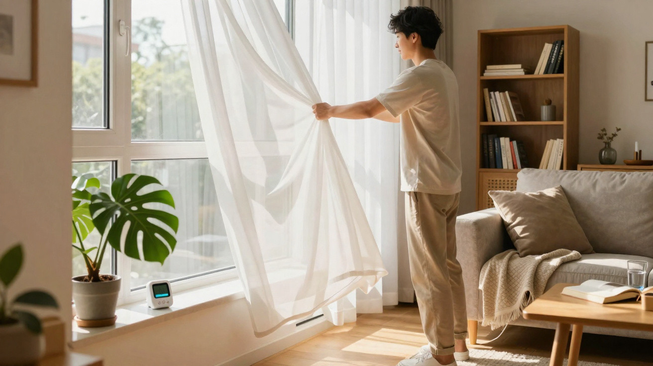Person opening sheer curtains in a sunlit living room with plants, bookshelf, and cosy sofa.