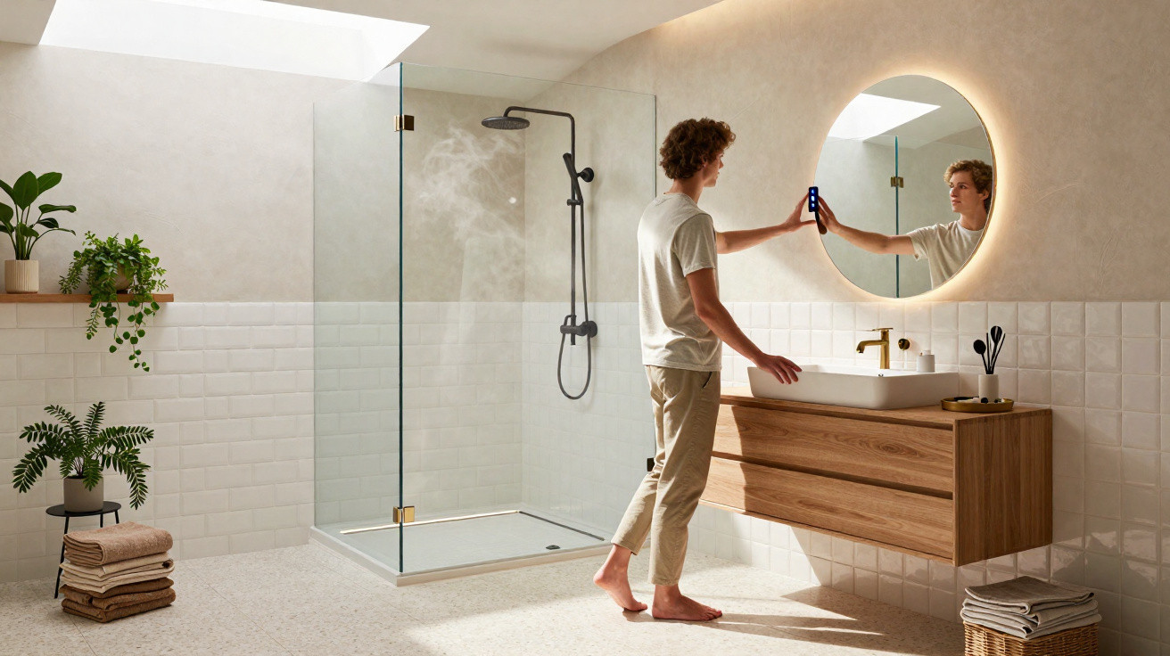 Man holding smartphone standing at sink in modern bathroom with walk-in shower and circular mirror light.