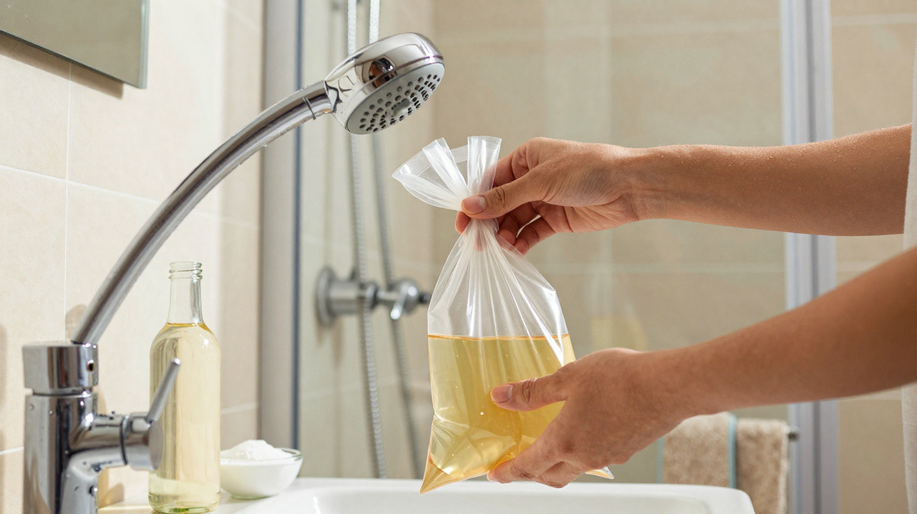 Hands holding a tied plastic bag filled with yellow liquid under a bathroom sink faucet and showerhead.