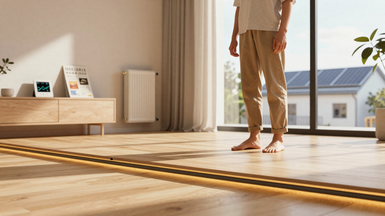 Person standing barefoot on wooden floor near large glass windows in a bright, modern living room.