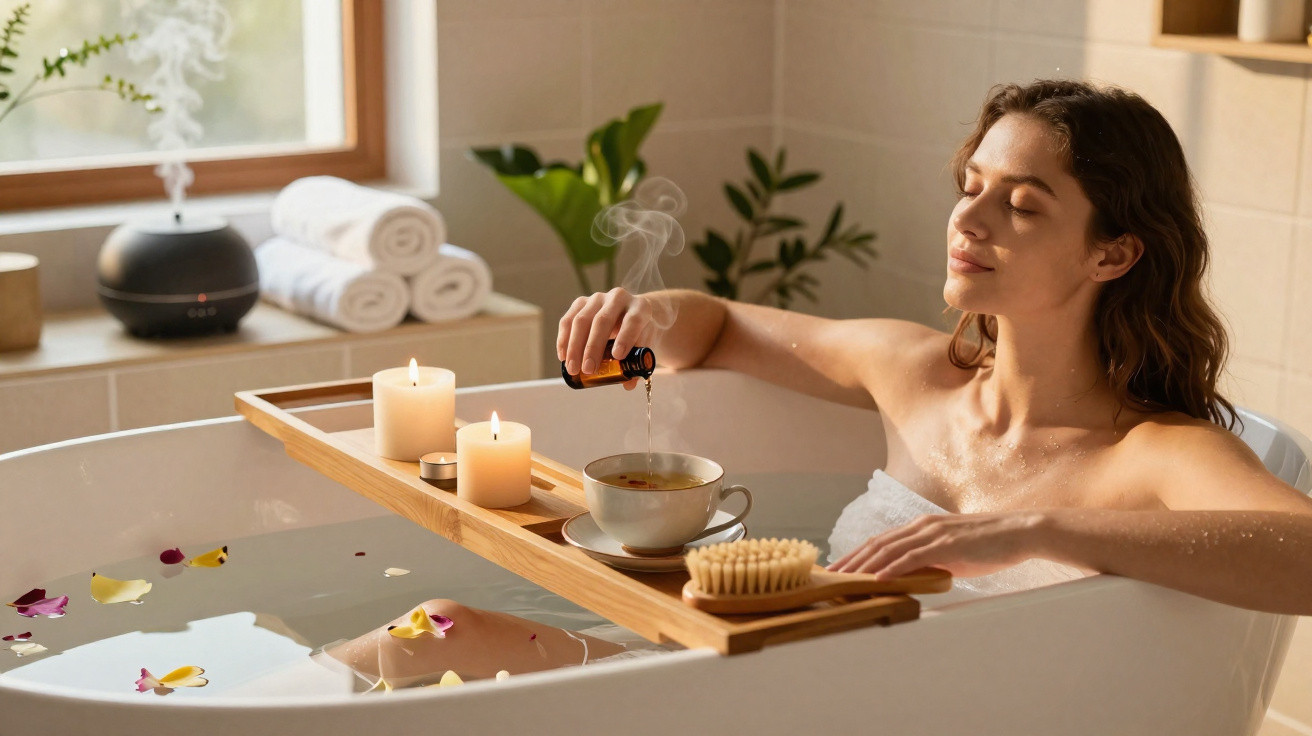 Woman relaxing in a bath with candles, essential oil, and flower petals in a calm, spa-like bathroom setting.
