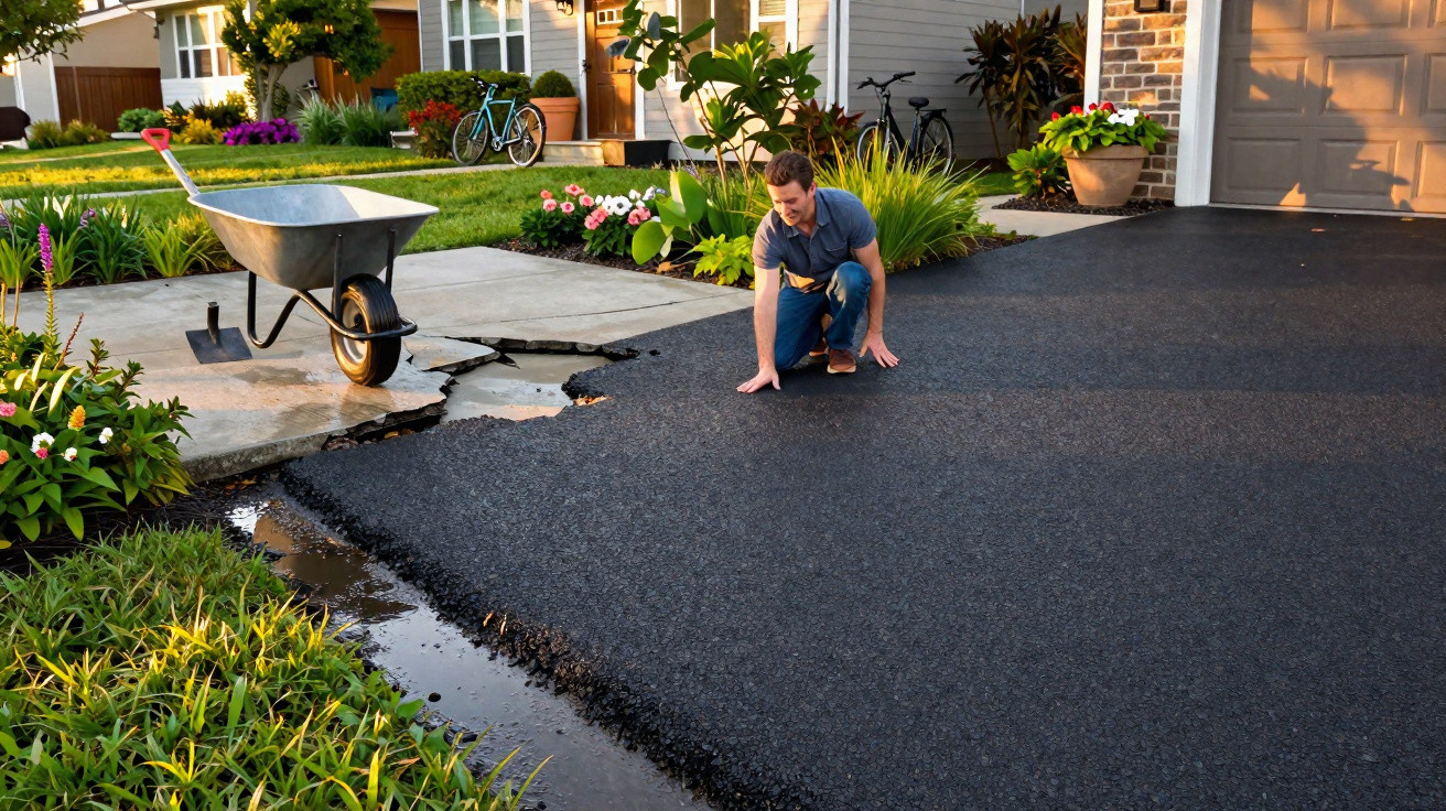 Man inspecting freshly paved driveway with cracked concrete sidewalk and wheelbarrow nearby in suburban garden.