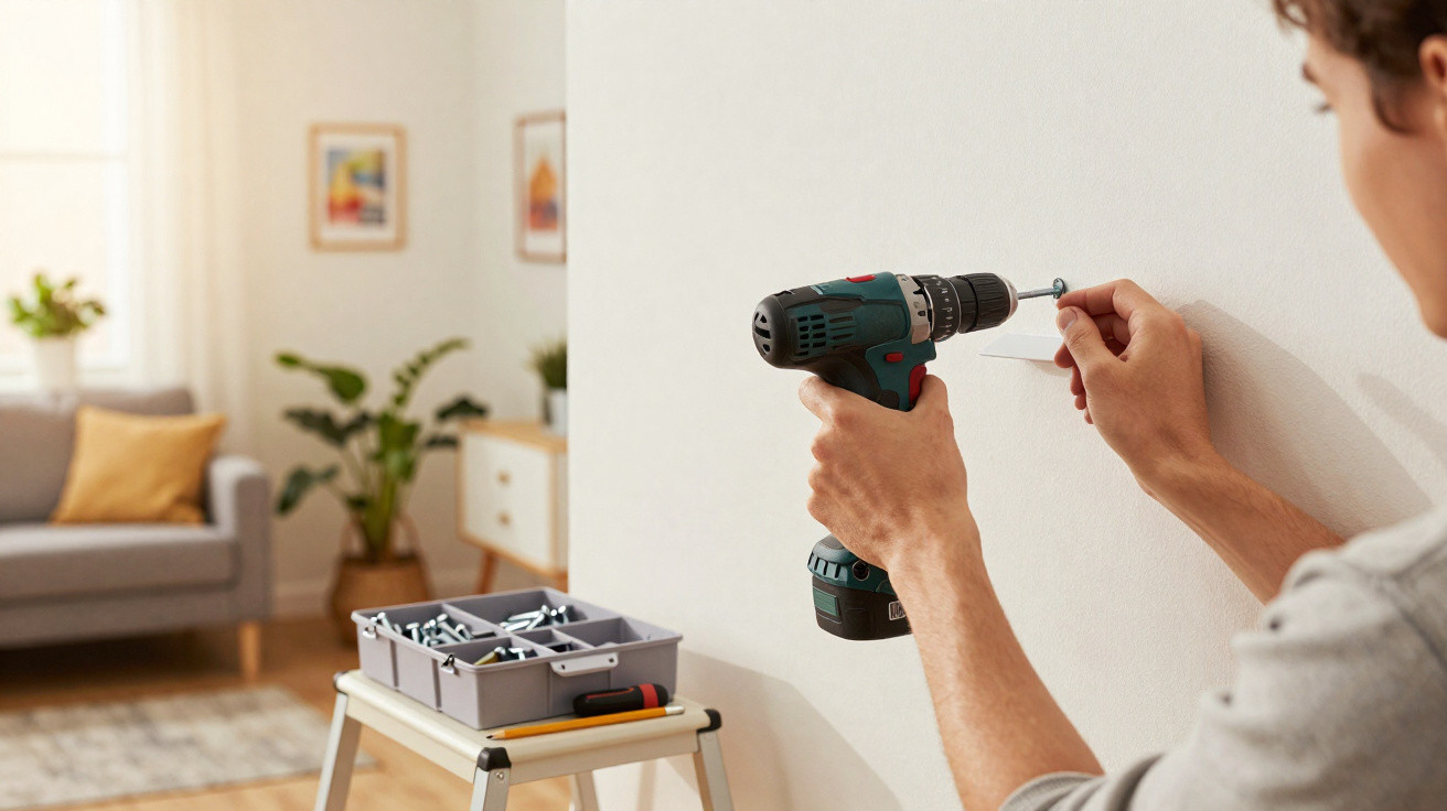 Person using a cordless drill to insert a screw into a white wall in a living room setting.
