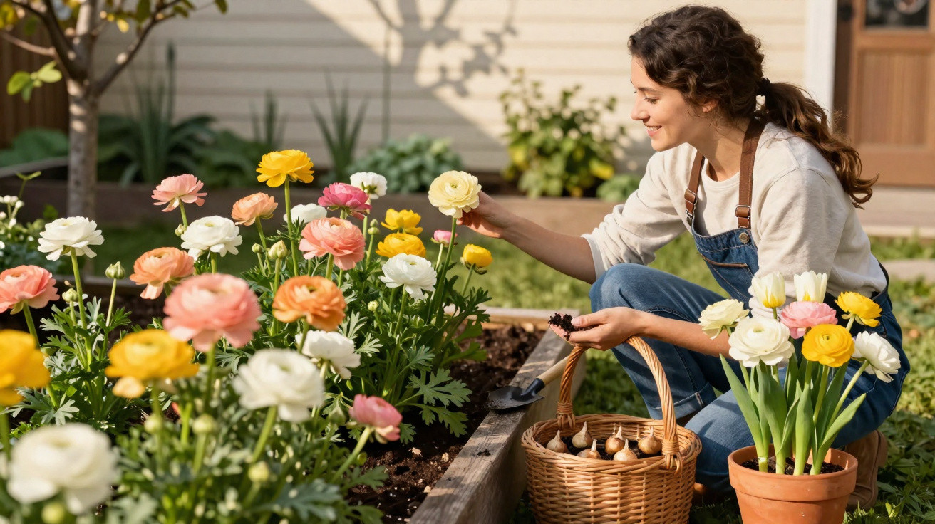 Woman in overalls gardening colourful flowers in a raised bed with a basket of bulbs beside her.