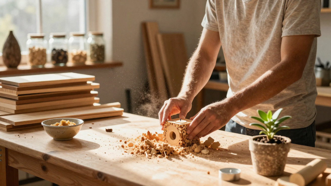 Person carving a wooden birdhouse on a workbench covered with wood shavings in a sunlit workshop.