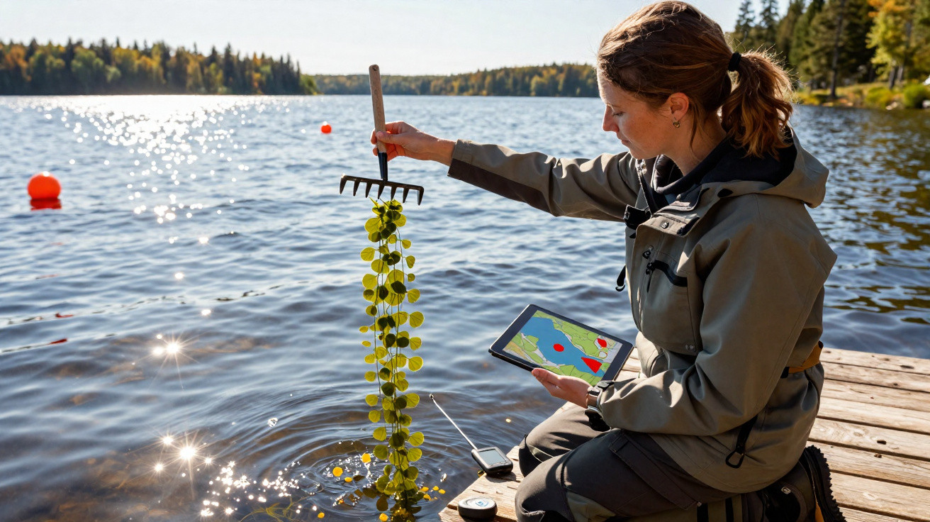 Woman examining aquatic plants with a rake by a lake, holding a tablet showing a map, sitting on a wooden dock.