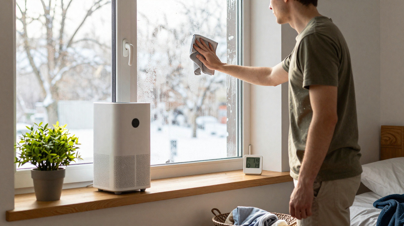 Person cleaning a window inside a room with a plant, air purifier, and digital clock on the windowsill.