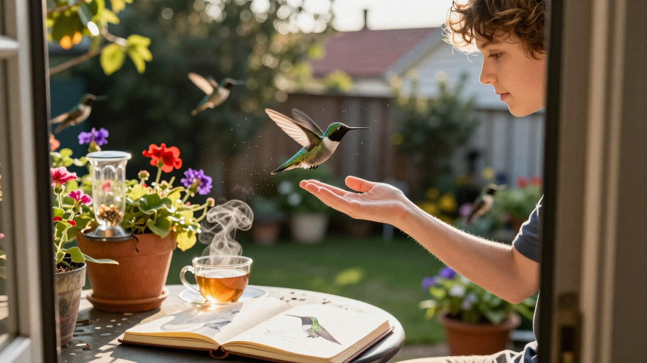 Child holding out hand as a hummingbird hovers above in a sunny garden with a book and teacup nearby.