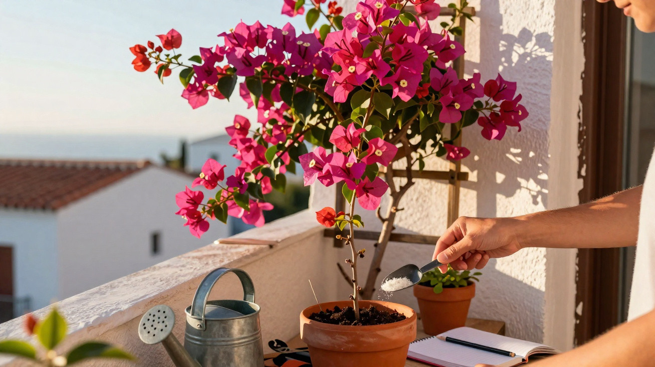 Person sprinkling plant food onto a vibrant pink bougainvillea in a terracotta pot on a sunlit balcony.