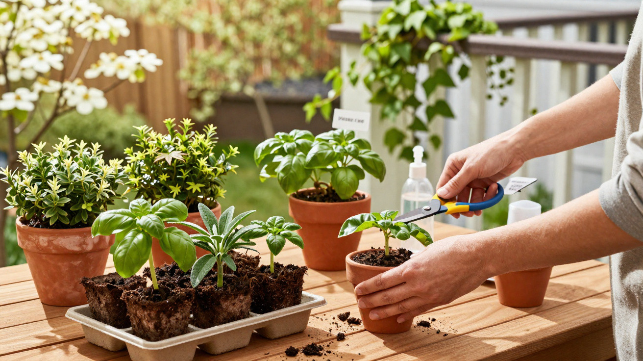 Person trimming small plant in pot on wooden table with various potted herbs and gardening tools outdoors.