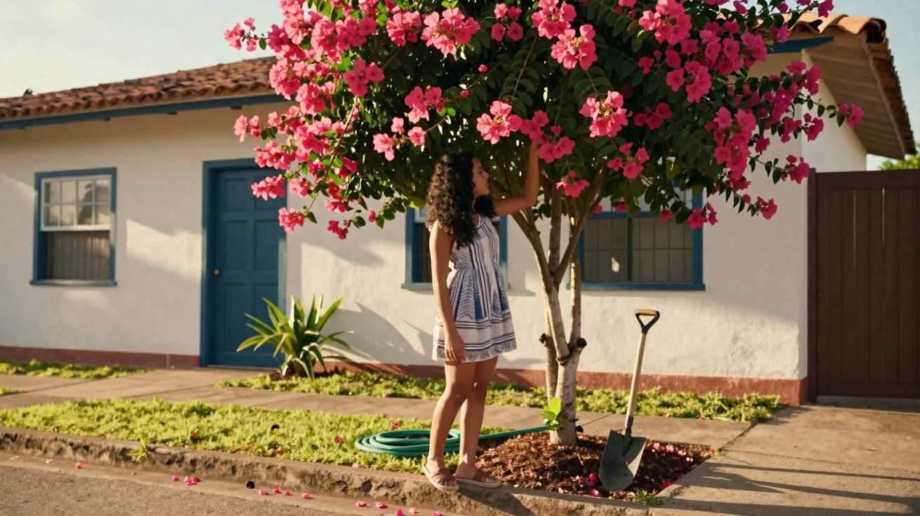 Woman in summer dress admiring pink flowers on a small tree beside a suburban house with blue trim.