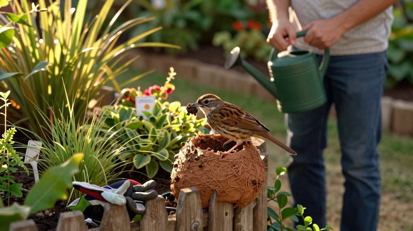 Small brown bird perched on a clay pot with a worm in its beak in a garden setting with a person watering plants.