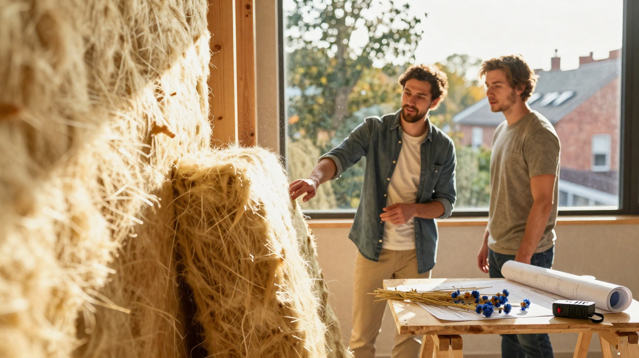 Two men discussing sustainable building materials in a sunlit room with straw insulation and blueprints.