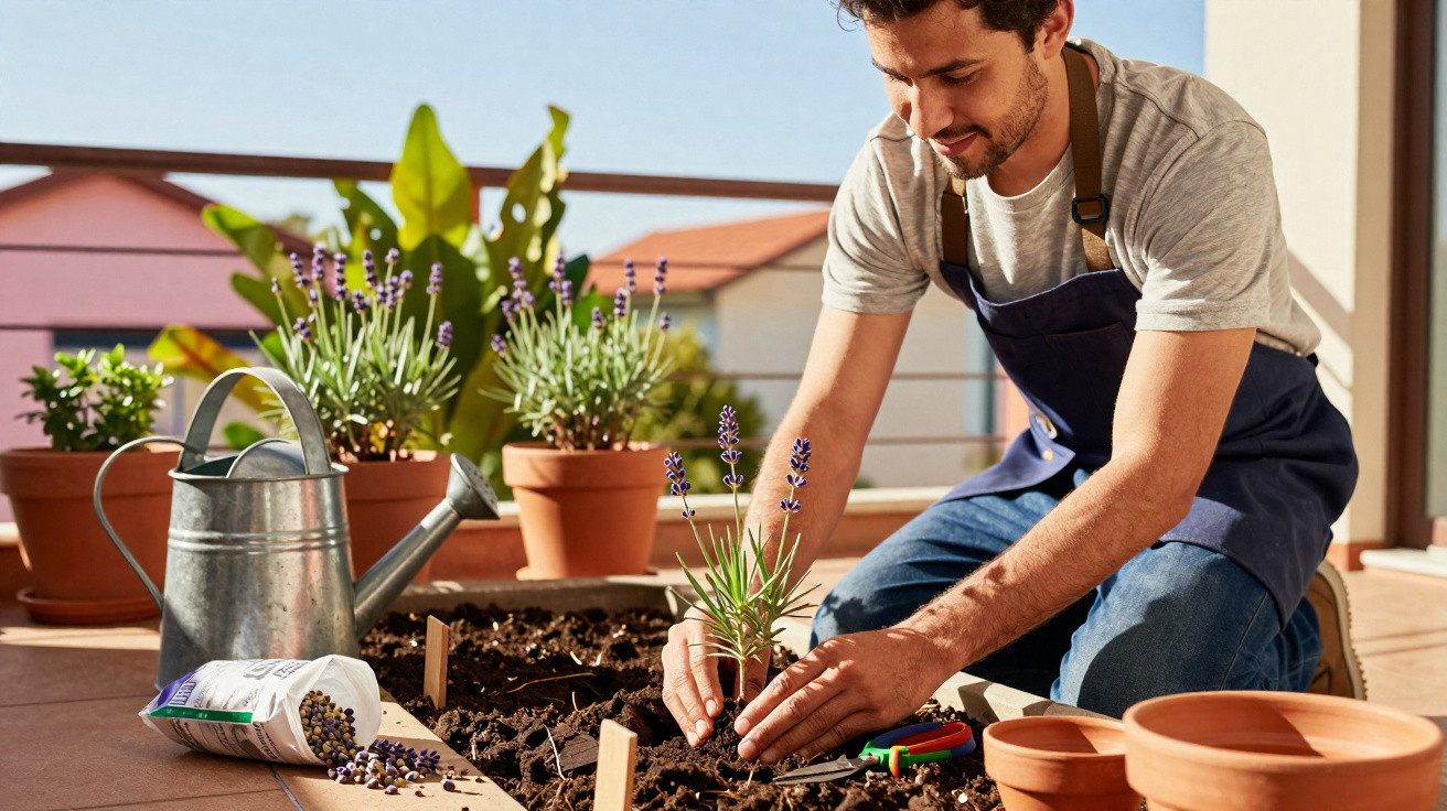 Man planting lavender in a raised garden bed on a sunny balcony with gardening tools nearby