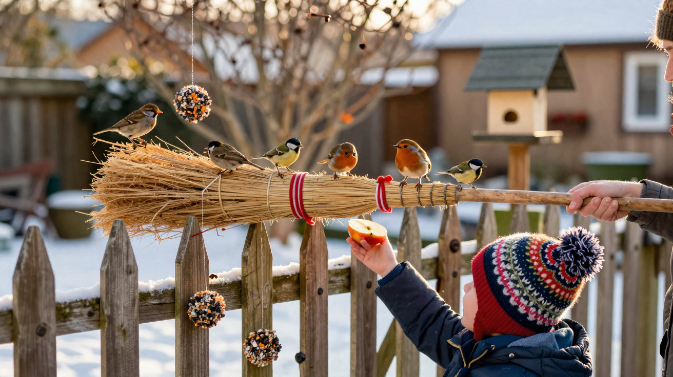 Child in winter hat feeding birds perched on a broomstick held over a snow-covered wooden fence.