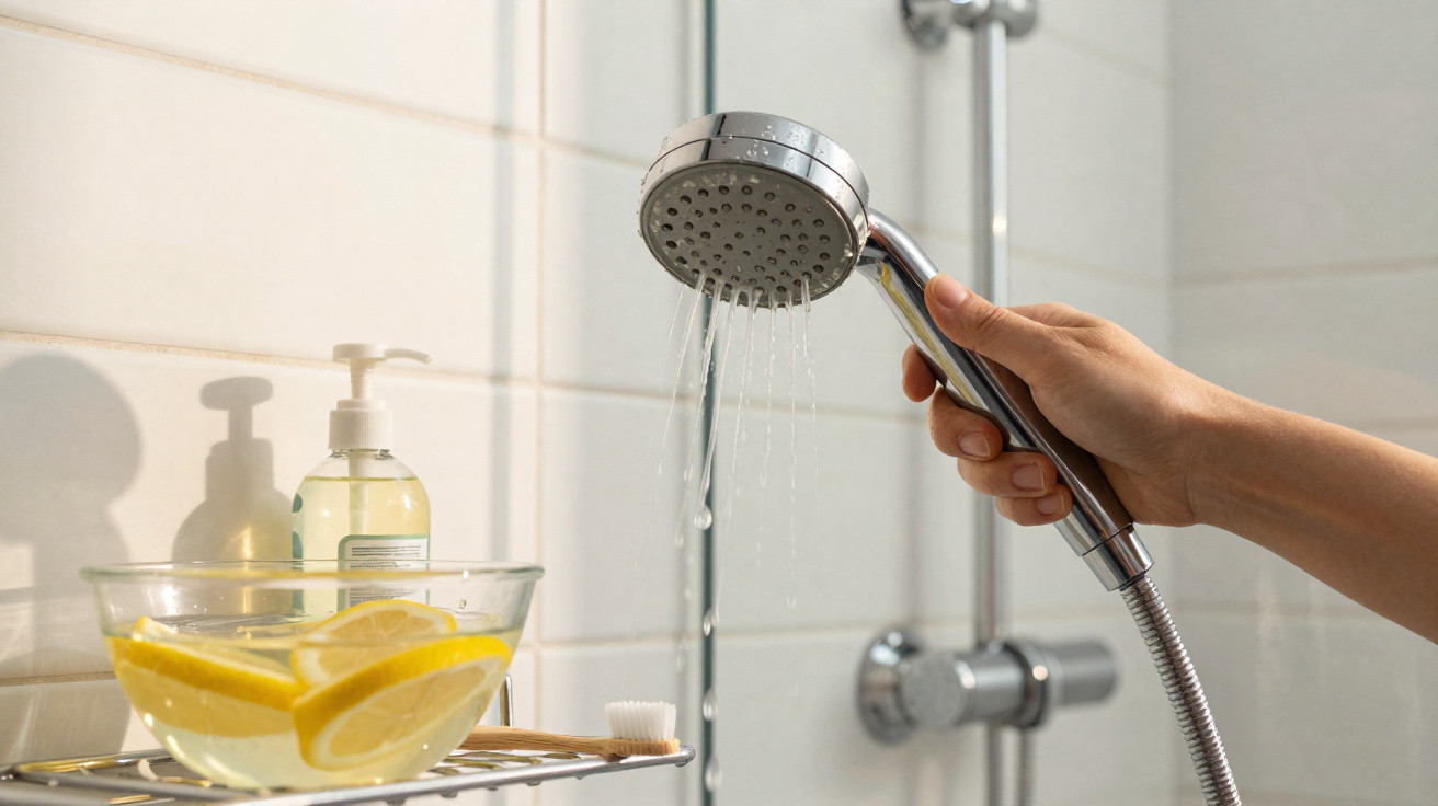 Hand holding a chrome showerhead with water running in a clean tiled bathroom.