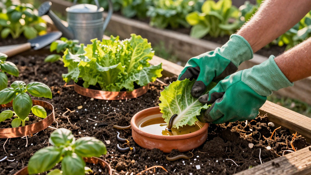 Hands in green gloves dipping lettuce leaf with caterpillar into container of liquid in garden bed.