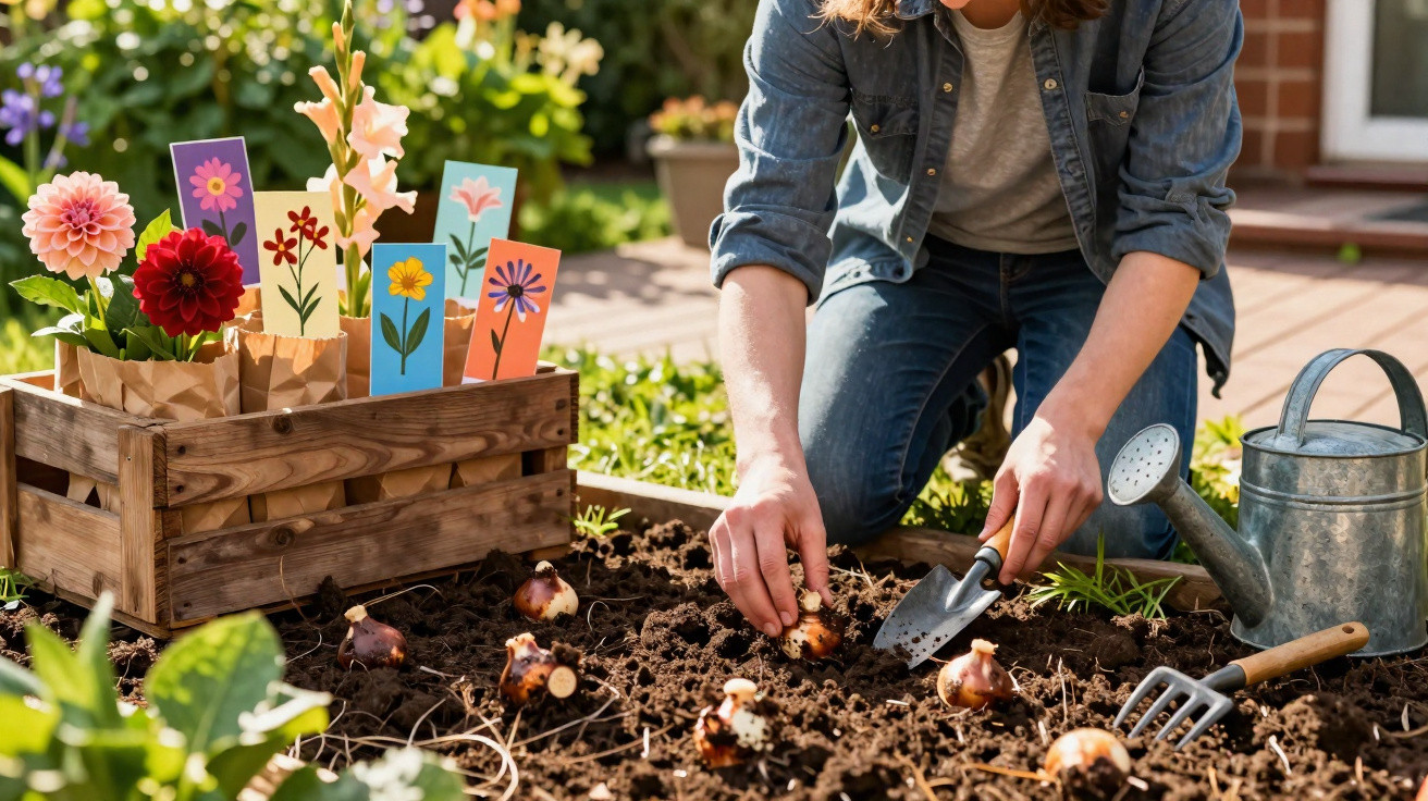 Person planting flower bulbs in garden soil with gardening tools and wooden crate of plant markers nearby.