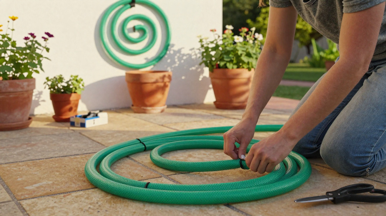 Person kneeling on tiled patio, securing green garden hose, with potted plants and scissors nearby.