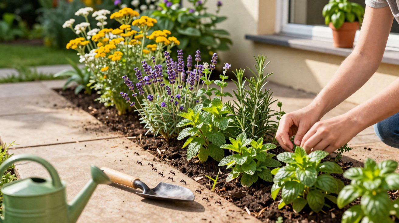 Person planting herbs and flowers in a garden bed with a trowel and watering can nearby on a stone path.