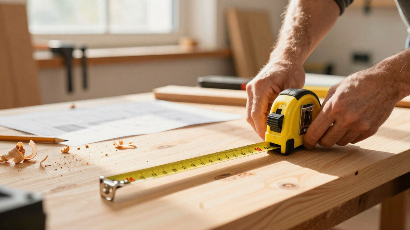 Hands measuring a wooden board with a yellow tape measure on a workbench with tools and plans nearby.
