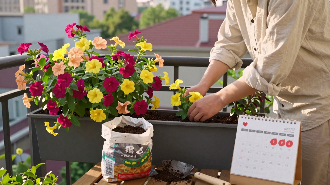 Person planting colourful flowers in a balcony planter box with gardening tools and a calendar nearby.