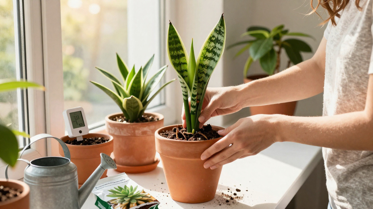 Person repotting snake plant by window with other potted plants and watering can nearby.