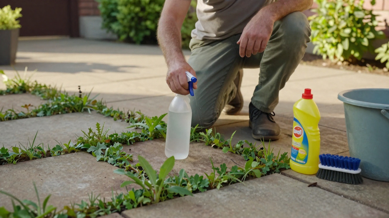Man kneeling on patio spraying weeds growing between paving stones with cleaning products nearby
