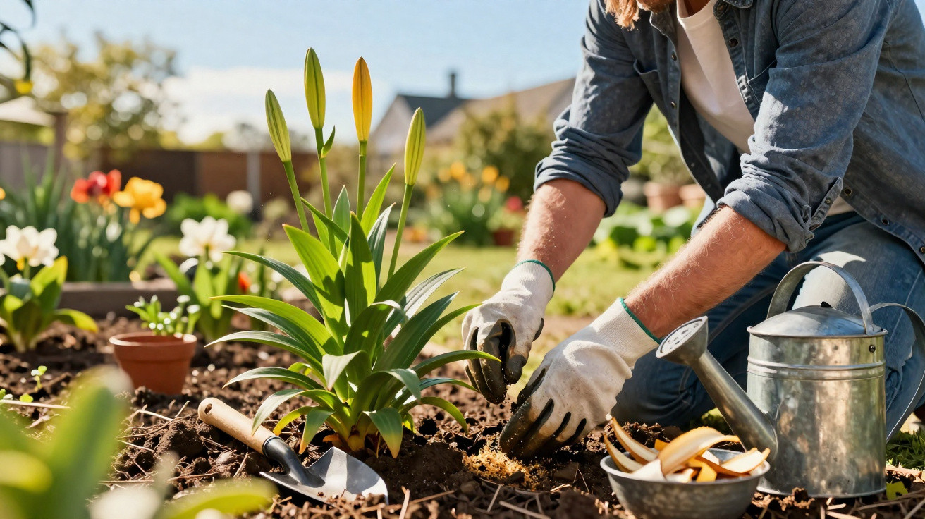 Person wearing gardening gloves planting tulip bulbs in soil surrounded by garden tools and flowers on a sunny day.