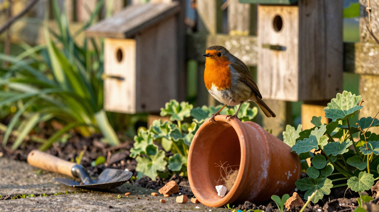 European robin perched on an overturned terracotta pot in a garden with birdhouses and gardening tools.