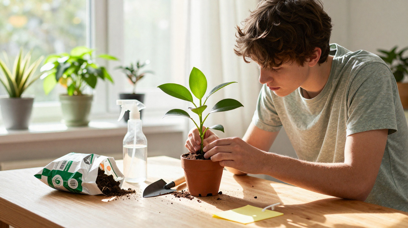 Teenager repotting a small green plant at a sunlit wooden table with gardening tools and soil.