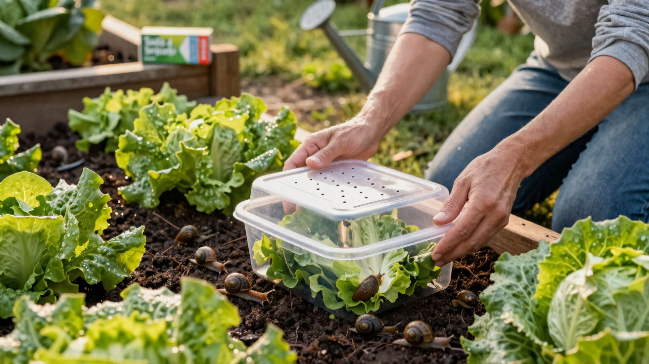 Hands placing a transparent vented container over a group of snails on lettuce plants in a garden bed.