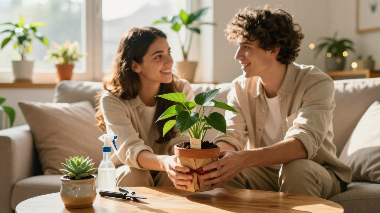 Young couple smiling and holding a potted plant together in a bright living room.