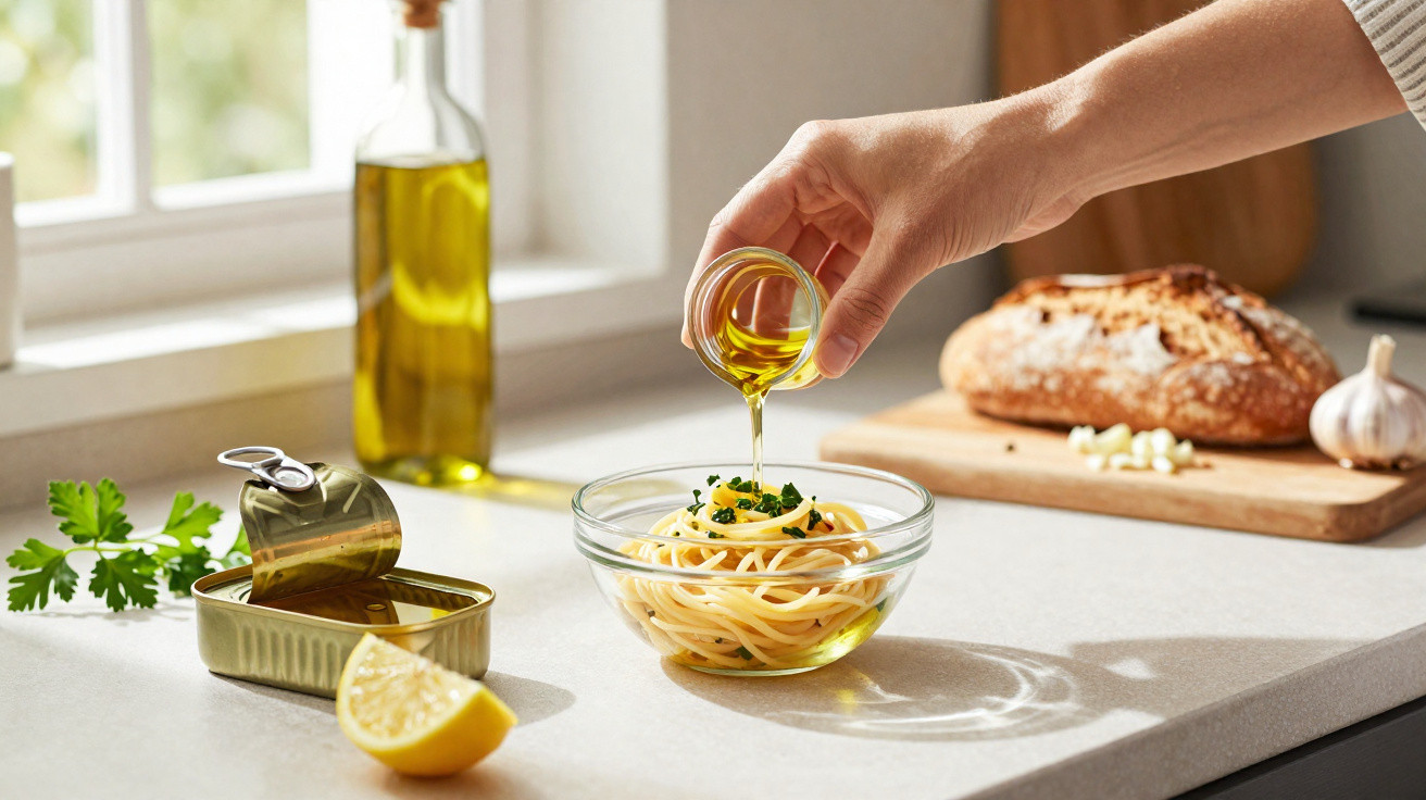 Hand pouring olive oil over spaghetti in a glass bowl on kitchen counter with bread and garlic in background.