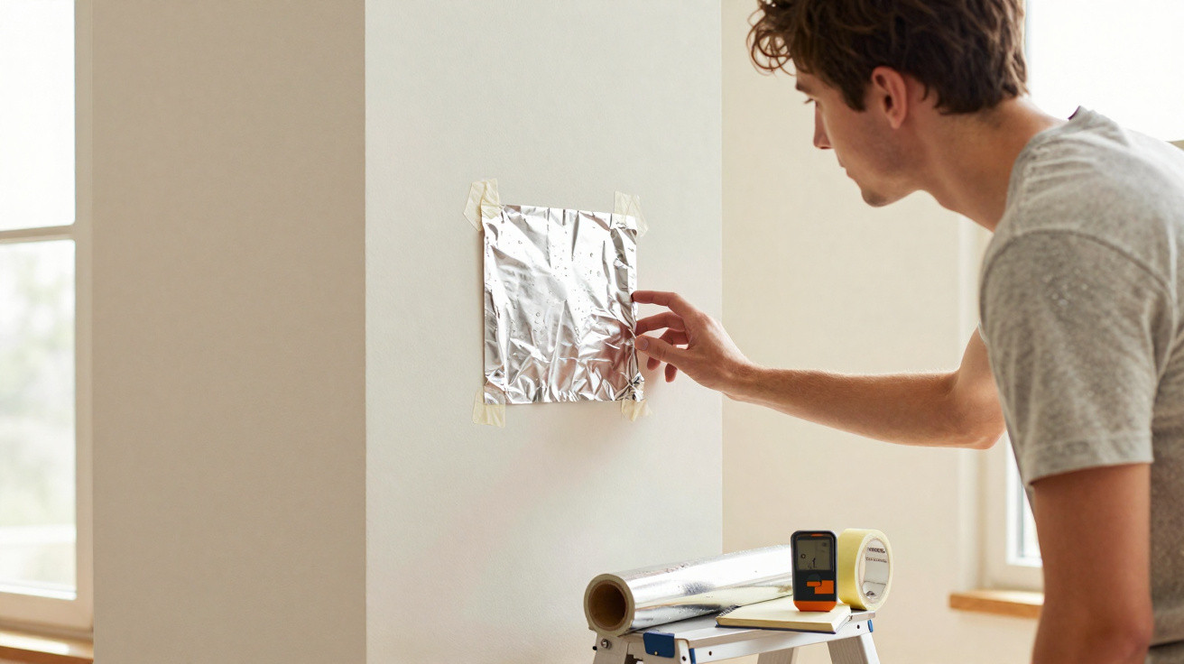 Man testing wall insulation by touching aluminium foil taped to a wall near a window in a bright room.
