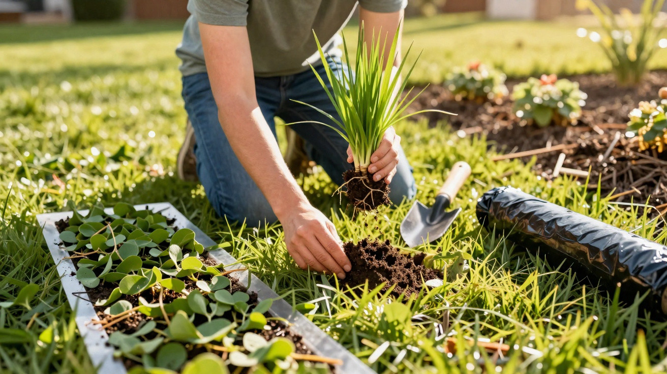 Person planting young plants in a garden bed with gardening tools and plant tray nearby on grass.