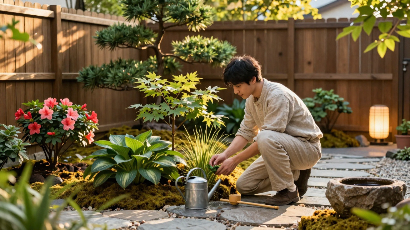 Person tending to plants in a serene garden with flowers, greenery, and a wooden fence at sunset.