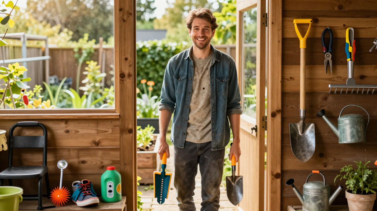Smiling man standing in a garden shed holding gardening tools with outdoor plants and tools around him.