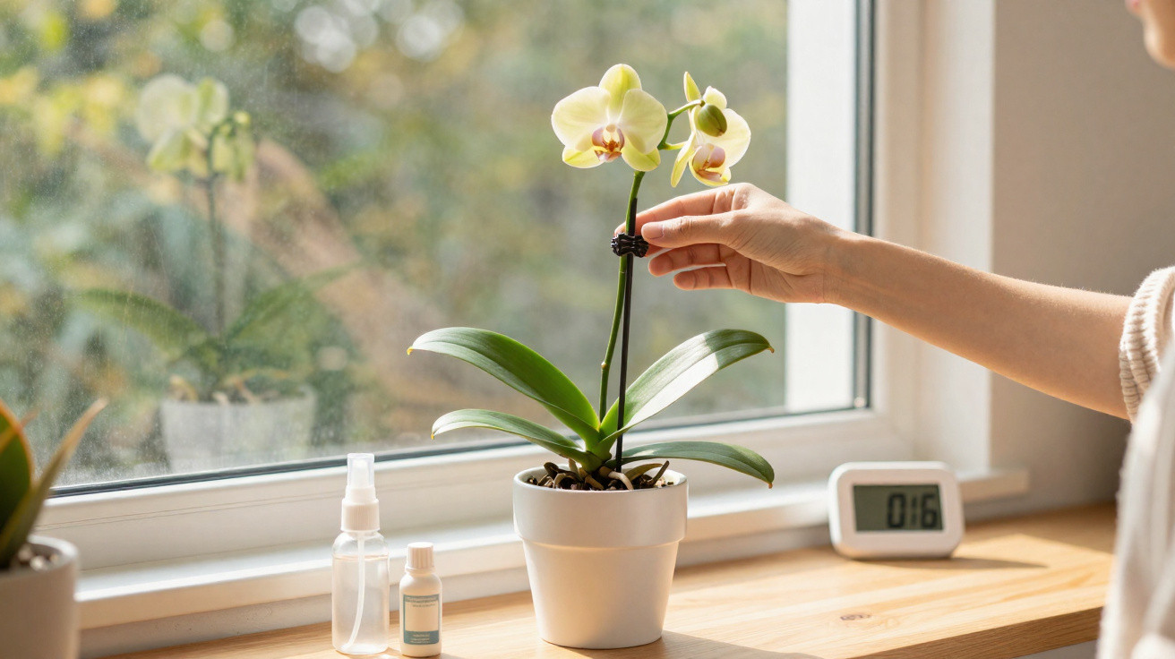 Hand adjusting a blooming orchid plant in a white pot on a wooden windowsill with gardening bottles nearby.