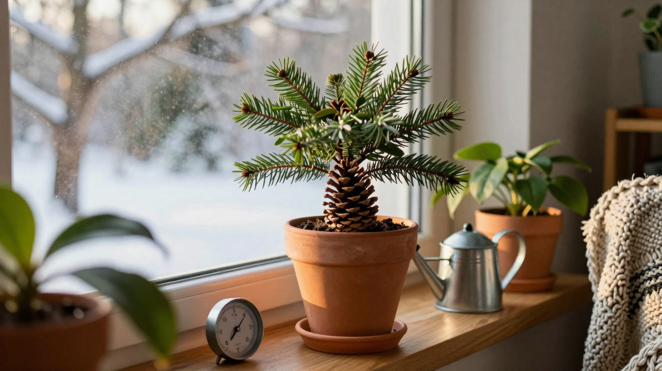 Small pine tree in a terracotta pot on a windowsill with a silver watering can and other plants nearby.