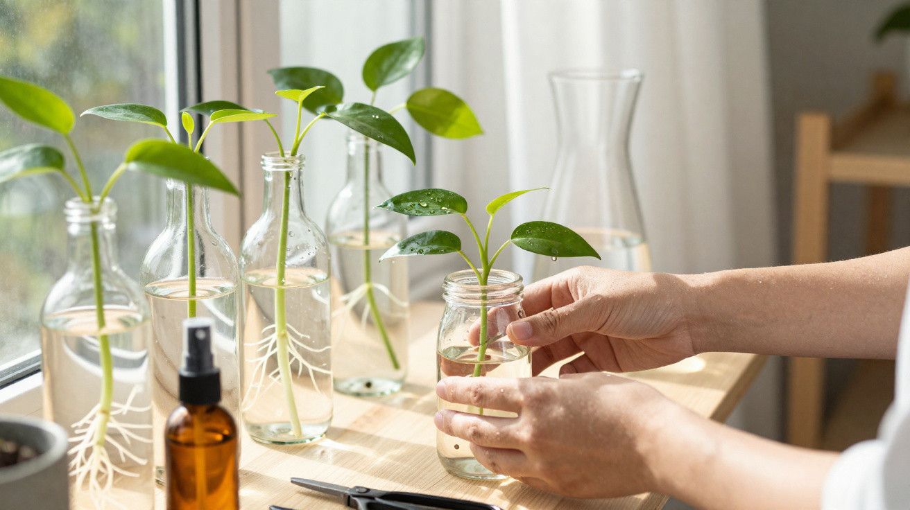 Hands holding a glass jar with a plant cutting, surrounded by other cuttings growing roots in glass bottles by a window.