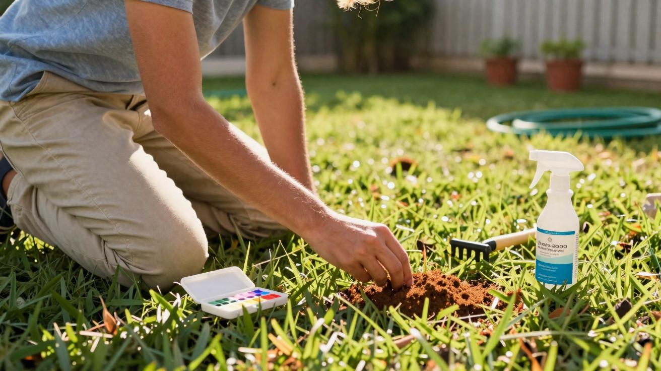 Person kneeling on grass, planting seeds in soil with garden tools and spray bottle nearby in sunlight.